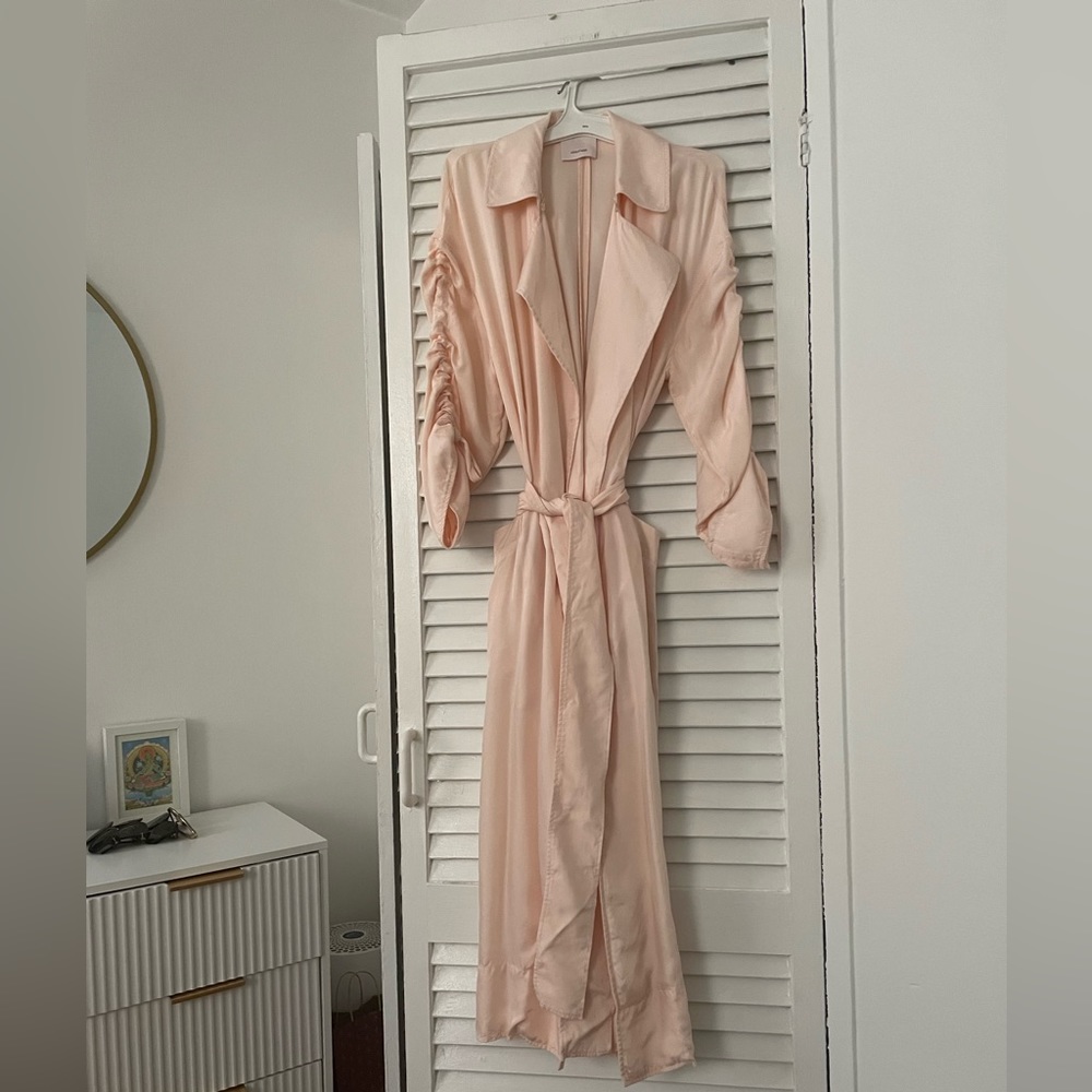 cinq a sept Blush Pink Longline Trench with Ruched Sleeves